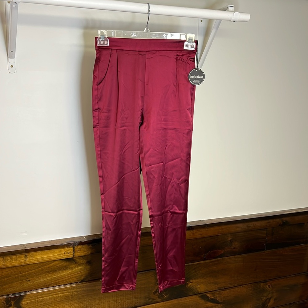NWT Amazon‎ Burgundy Elastic Waist Satin Pants- XS
